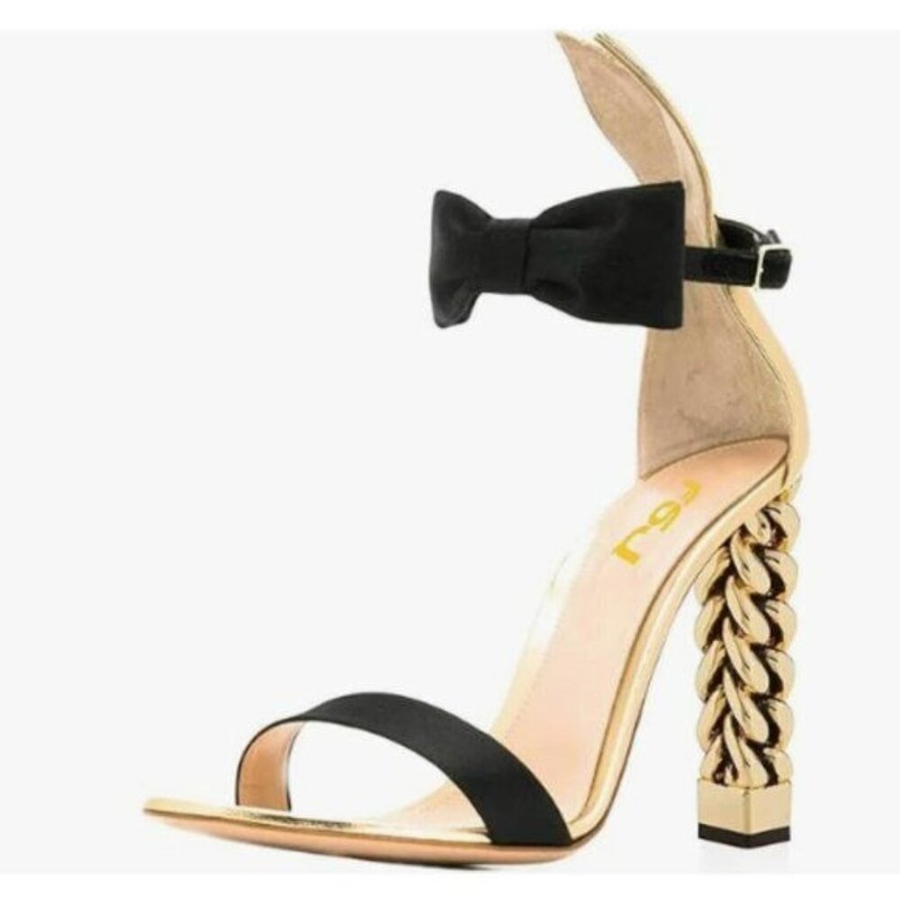 FSJ Gold Leaf Gold Metal Chain Chunky High Heels Ankle Strap Open Toe Sandals